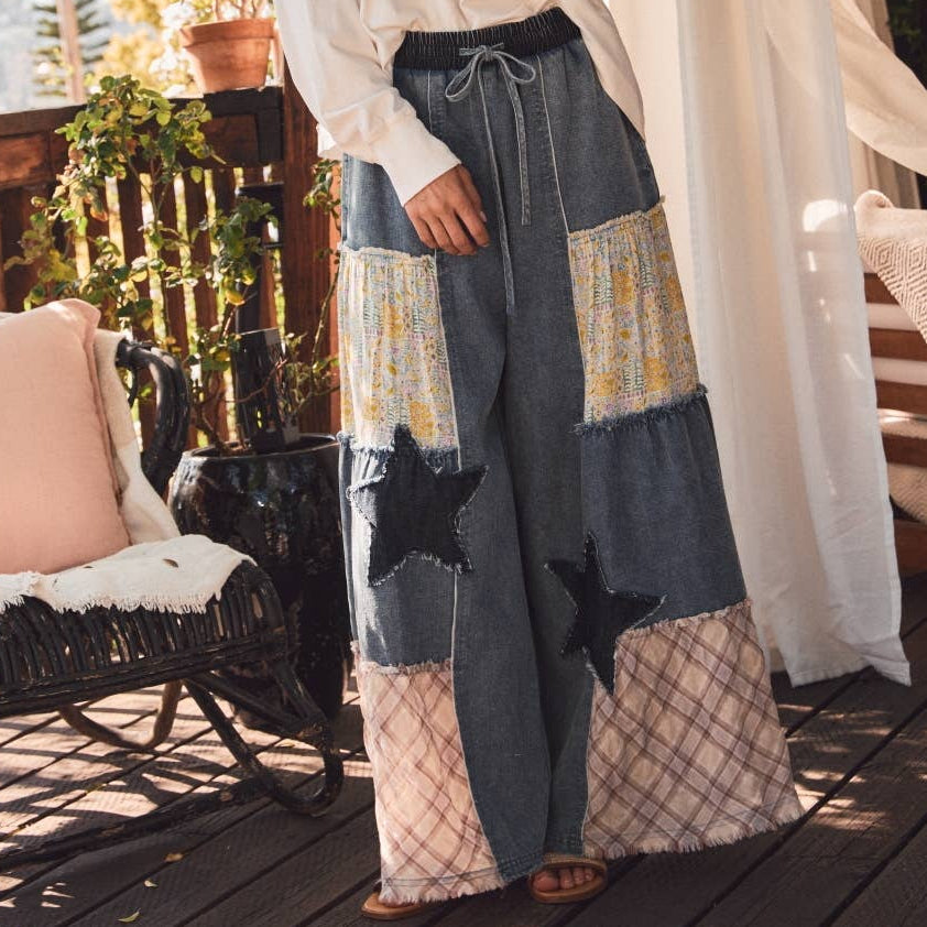 Mixed Fabric Patchwork Wide Leg Pants