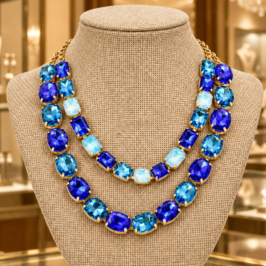 Blue Layered Round Crystal Necklace