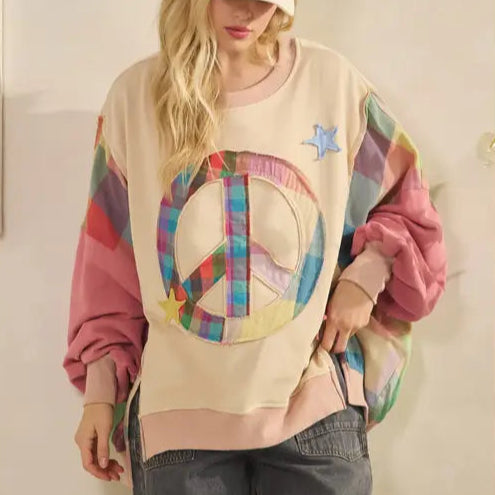 Patchwork Peace Sign Plaid Sleeve Sweatshirt