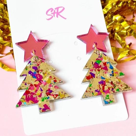 Gold Confetti Acrylic Christmas Tree with Pink Star