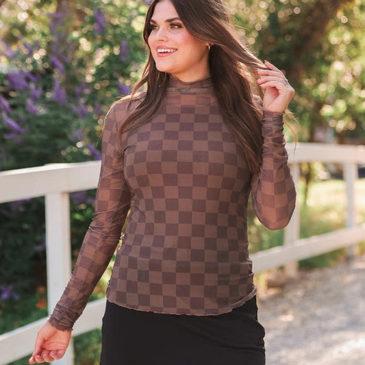 Keigan Chocolate Checkered Mesh Long Sleeve Top