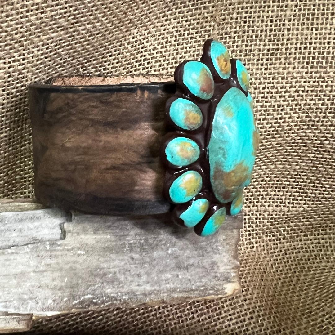 Turquoise Buffalo Polymer Clay Squash Blossom Leather Cuff