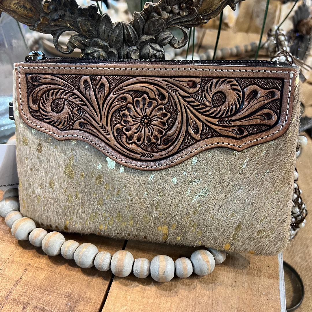 Western Hair on Cowhide Tan & Gold Acid Wash Specs Wristlet