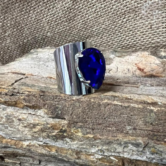 Blue Teardrop Rhinestone Adjustable Ring