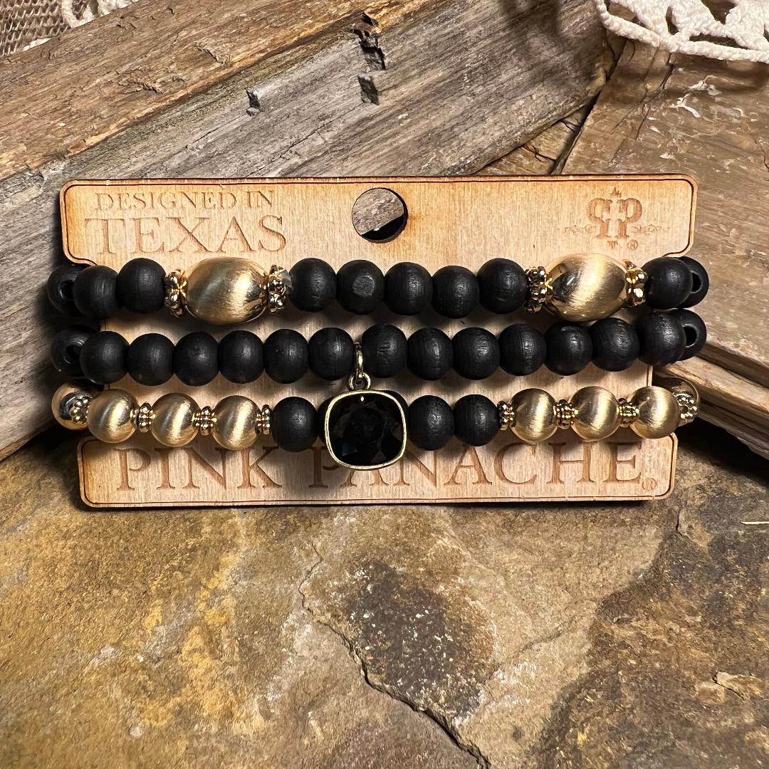Black Wood & Brushed Gold Bead Bracelet