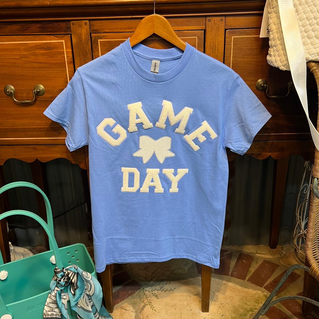 Game Day White Bow on Light Blue Crew Neck Tee