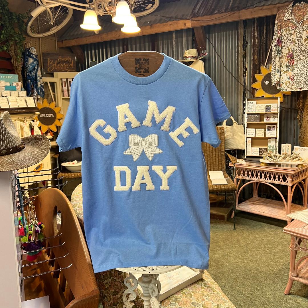 Game Day White Bow on Light Blue Crew Neck Tee