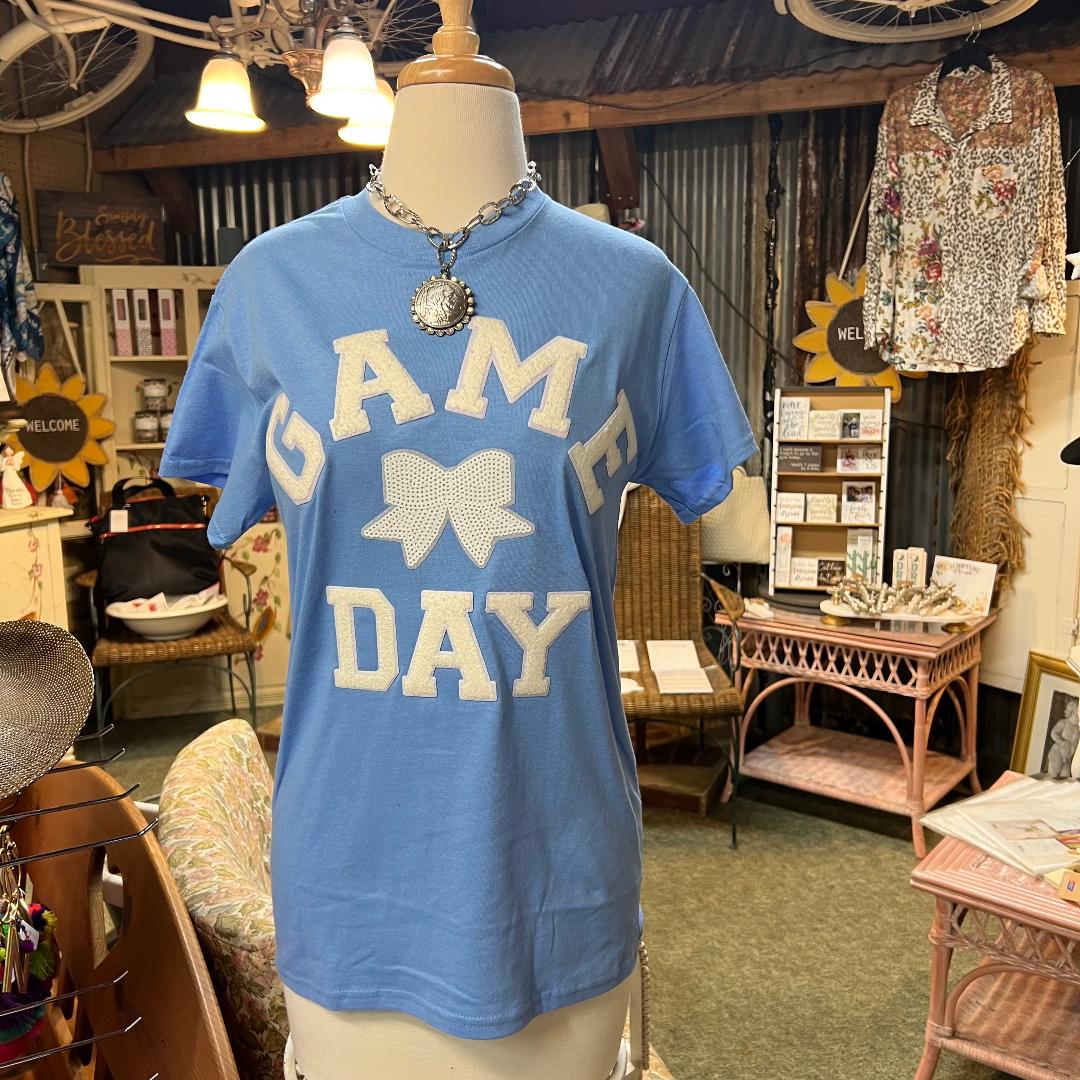 Game Day White Bow on Light Blue Crew Neck Tee