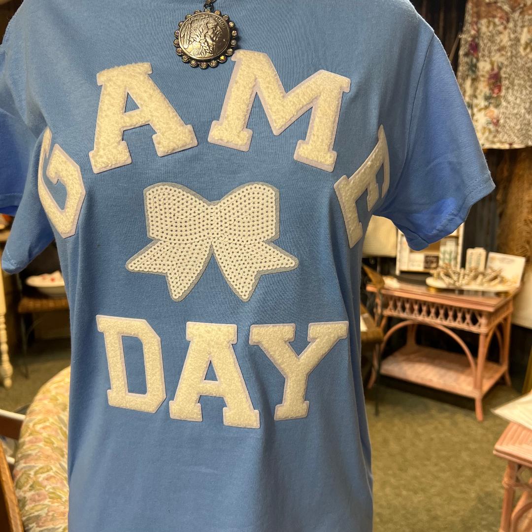 Game Day White Bow on Light Blue Crew Neck Tee