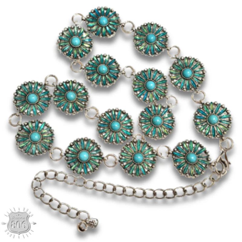 Western Flower Rhinestone Concho Link Belt Turquoise