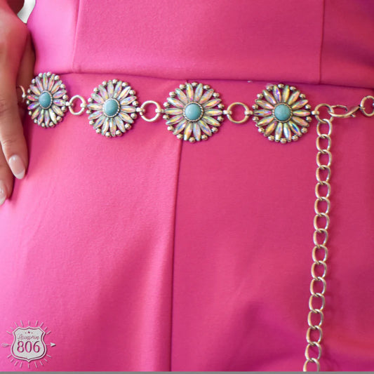 Western flower rhinestone concho link belt