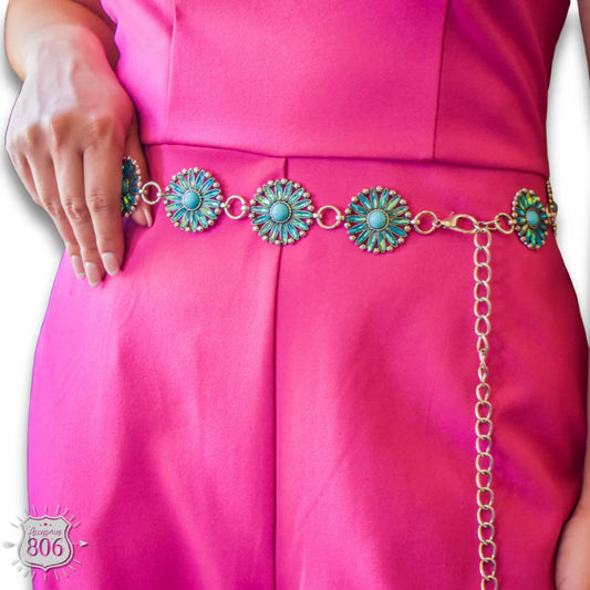 Western flower rhinestone concho link belt Turquoise