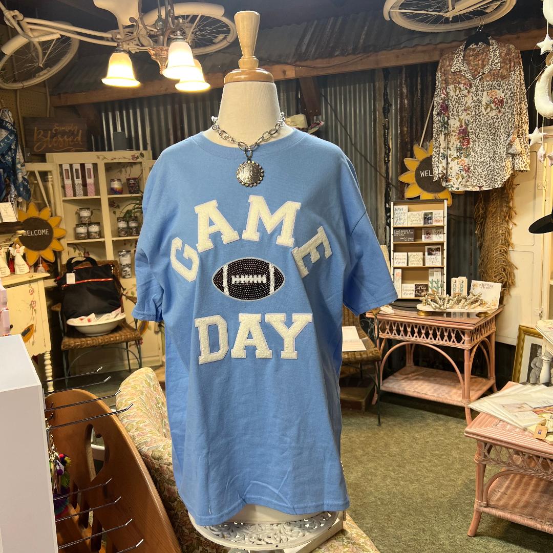 Game Day Football on Light Blue Crew Neck Tee