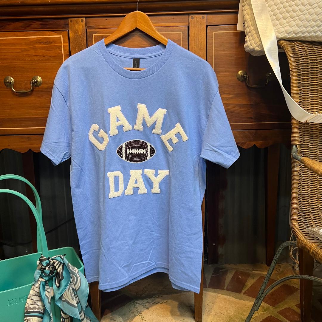 Game Day Football on Light Blue Crew Neck Tee