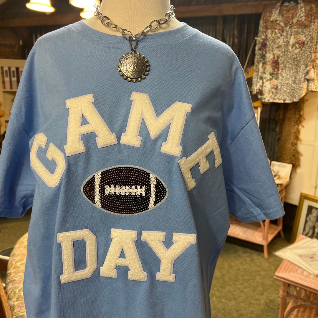 Game Day Football on Light Blue Crew Neck Tee