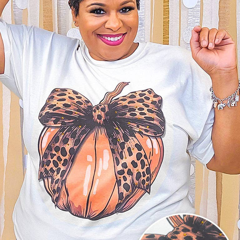 Pumpkin Cheetah Bow Rhinestone Graphic Shirt