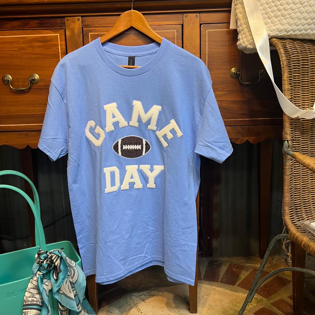 Game Day Football on Light Blue Crew Neck Tee