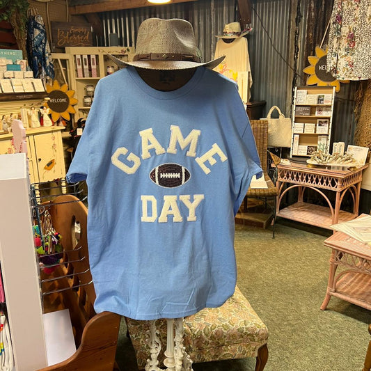 Game Day Football on Light Blue Crew Neck Tee