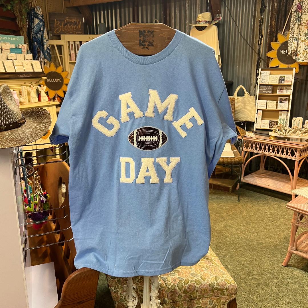 Game Day Football on Light Blue Crew Neck Tee