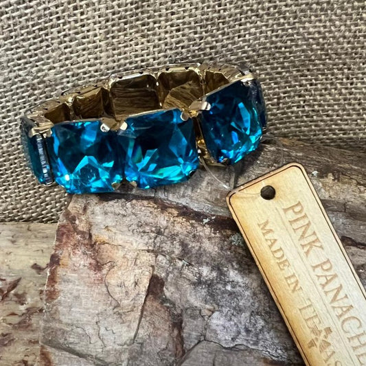 Rich Turquoise Blue Square Rhinestone & Gold Stretch Bracelet