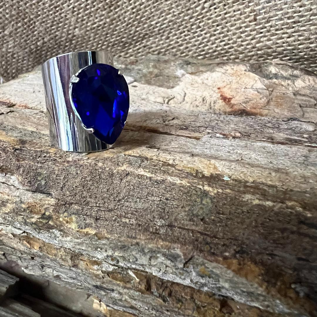 Blue Teardrop Rhinestone Adjustable Ring