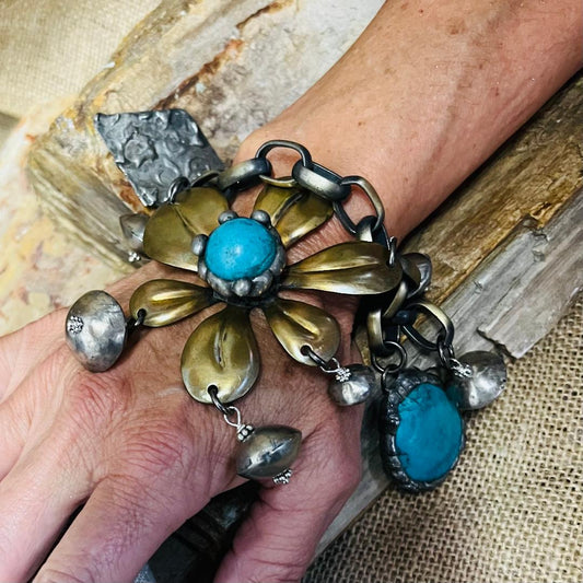 Gorgeous Statement Turquoise Daisy and Brass Bracelet
