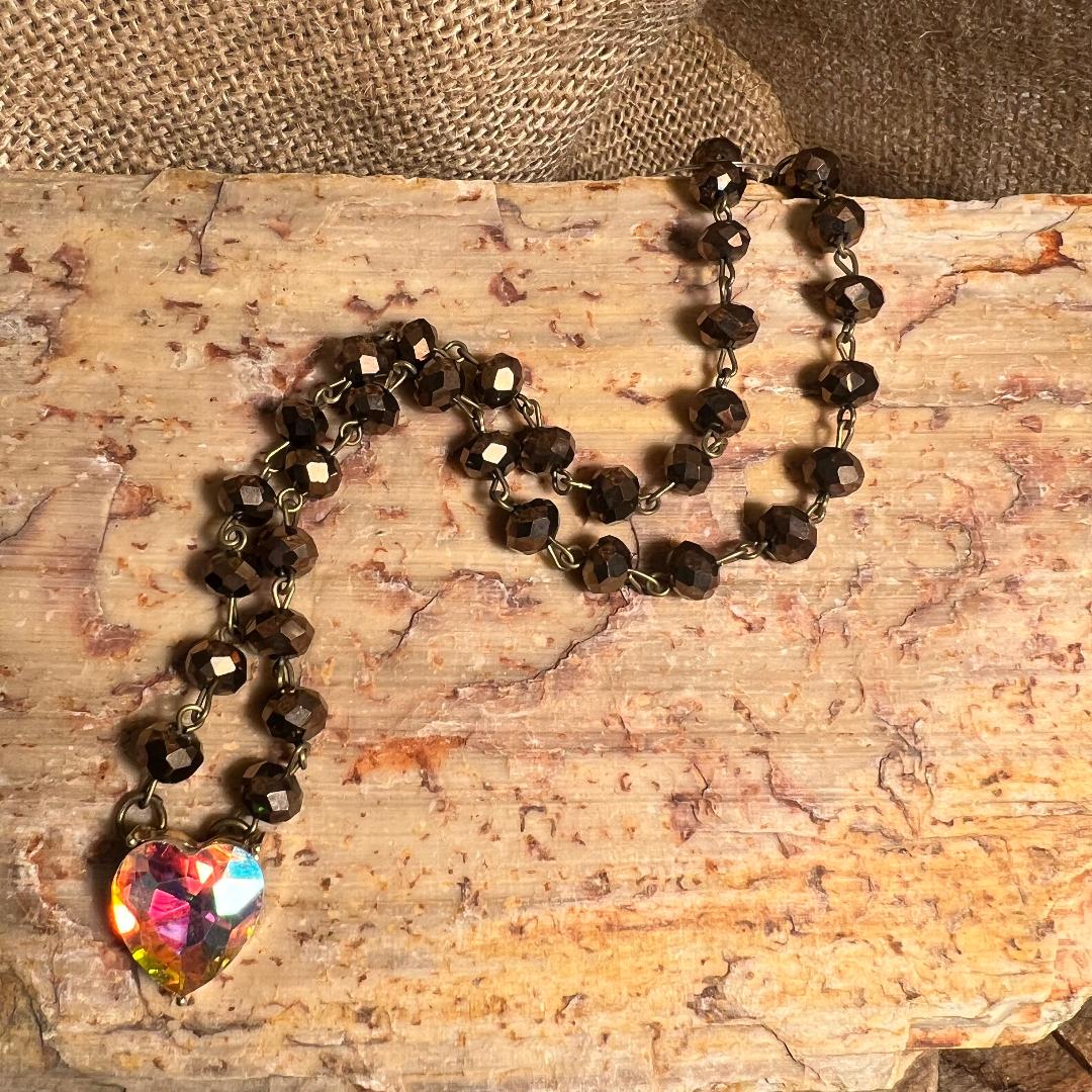 Bronzy Brown Bead AB Crystal Heart Necklace