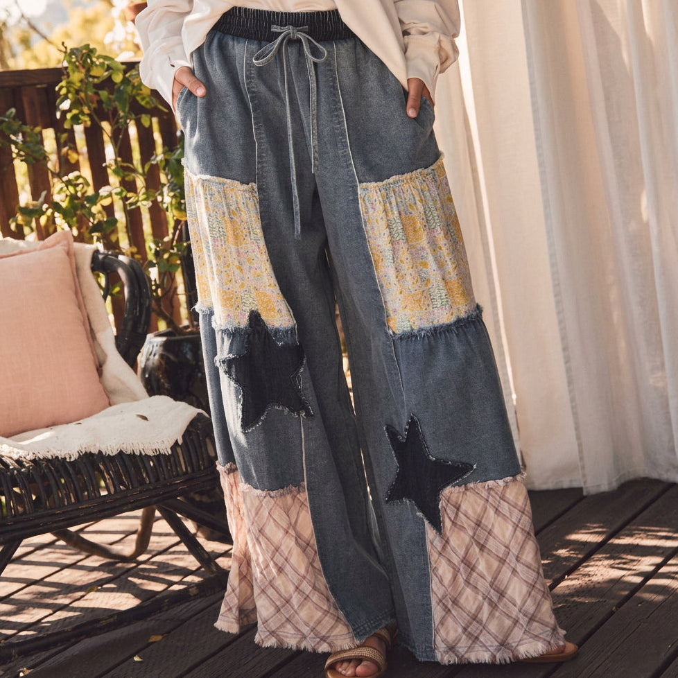 Mixed Fabric Patchwork Wide Leg Pants