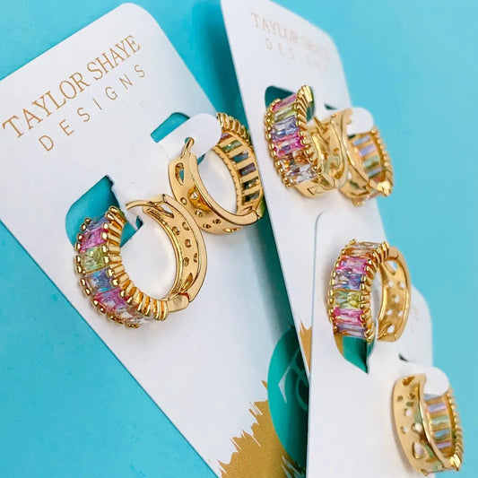Crystal Baguette Huggie Earrings-Pastel
