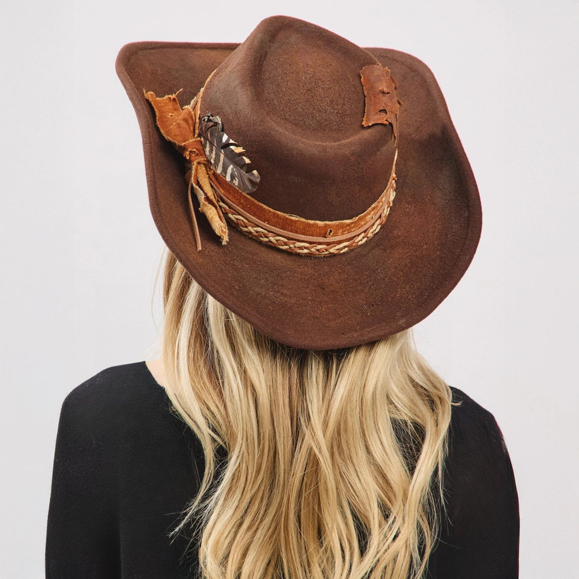Distressed Band with Feather Cowgirl Fedora Hat