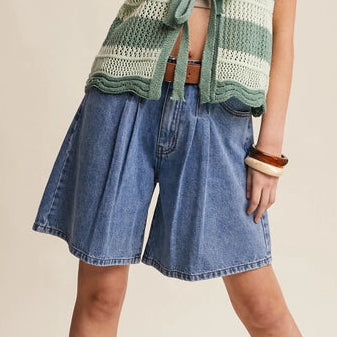 Pleated High Rise Denim Shorts