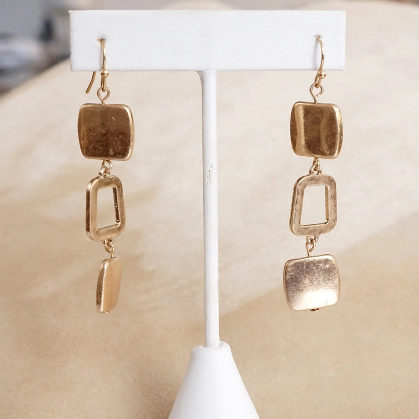 Boho Square Dangle Worn Gold Earrings