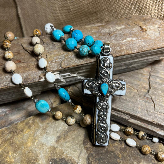 Neutral Cream Tan Turquoise and Silver Cross Statement Necklace