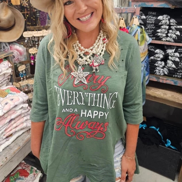 Merry Everything Distressed Tattered Tee Shirt