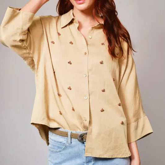 Hi-Low Pearl Embellished Chambray Top