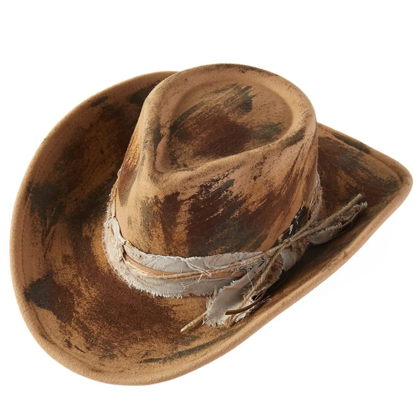 Rustic Style Cowgirl Fedora Hat with Distressed Fabric and Feather