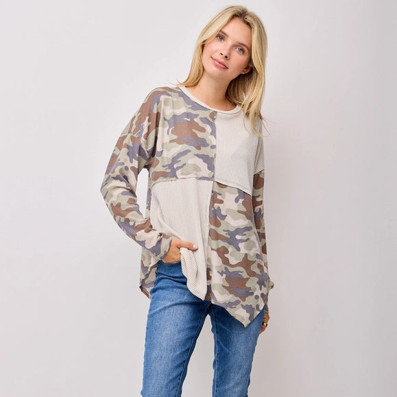 Camouflage Long Sleeve Color Block Top