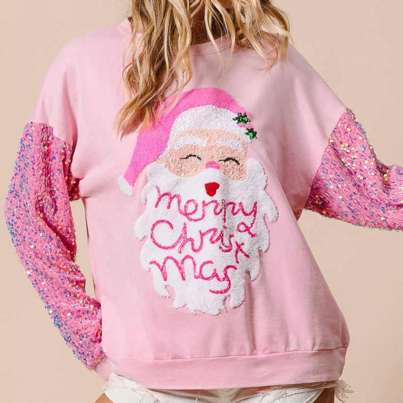 VELVET SEQUIN SANTA WASHED CHRISTMAS PULLOVER