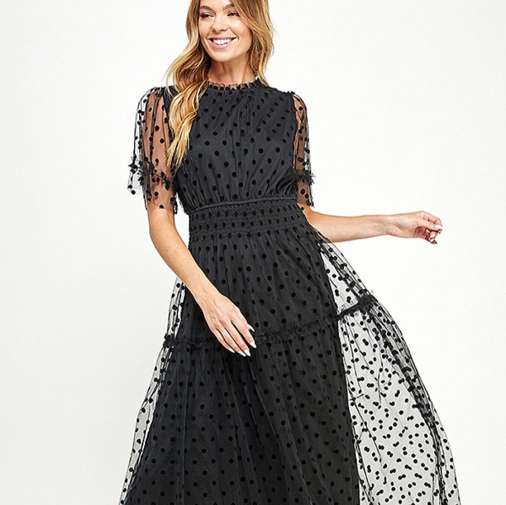 Polka Dot Mesh Midi Dress