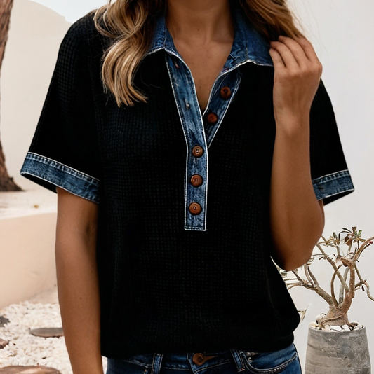 Denim Contrast Trim Patchwork Polo Collar Top