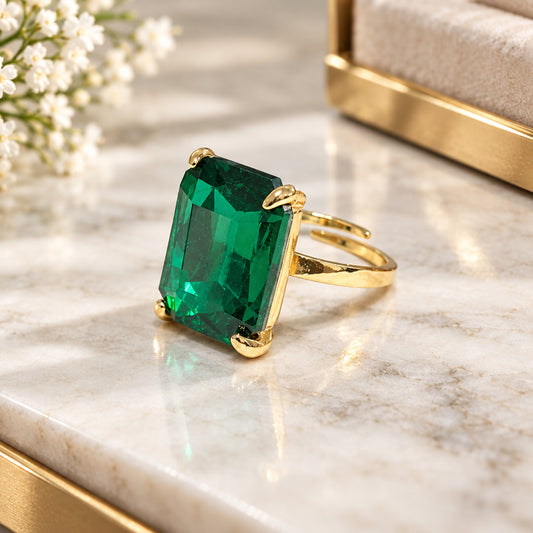 Emerald Green Rectangle Stone Adjustable Ring