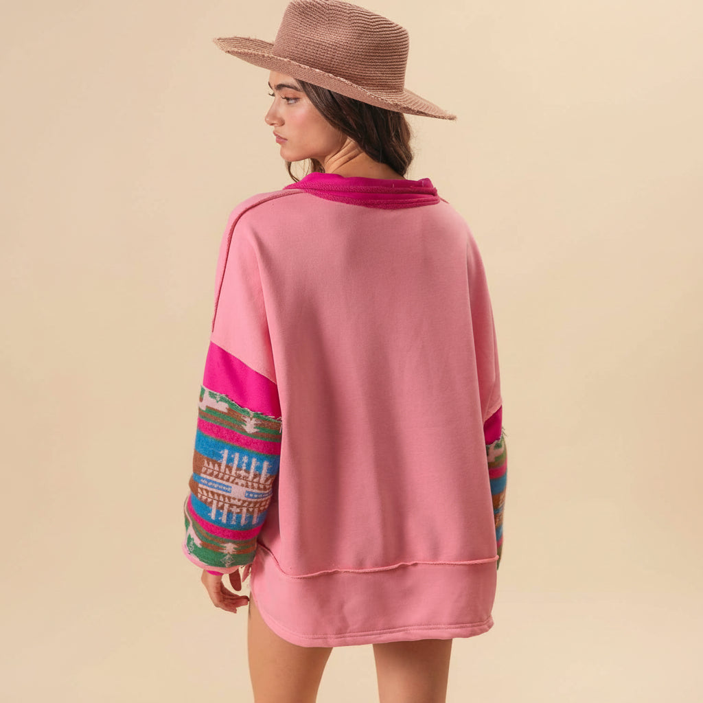 French Terry Knit and Aztec Print Mixed Top