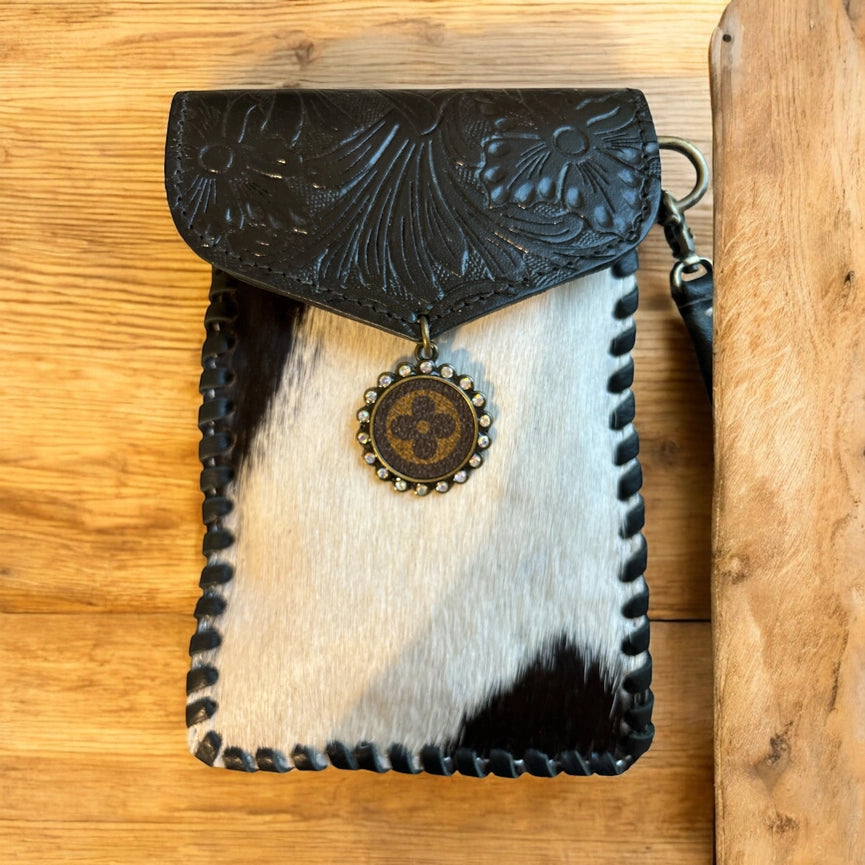 Tooled Cowhide Phone Crossbody Black