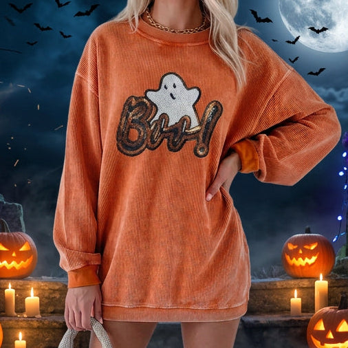 Sequin Ghost Letter Graphic Halloween Corded Sweatshirt