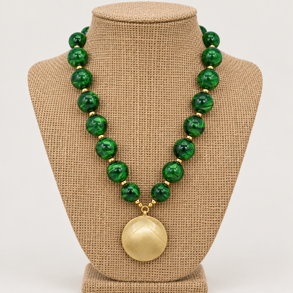 Water Resistant 20MM Green Resin Beaded 1.5" Snake Chain Magnetic Closure 18" Neckalce