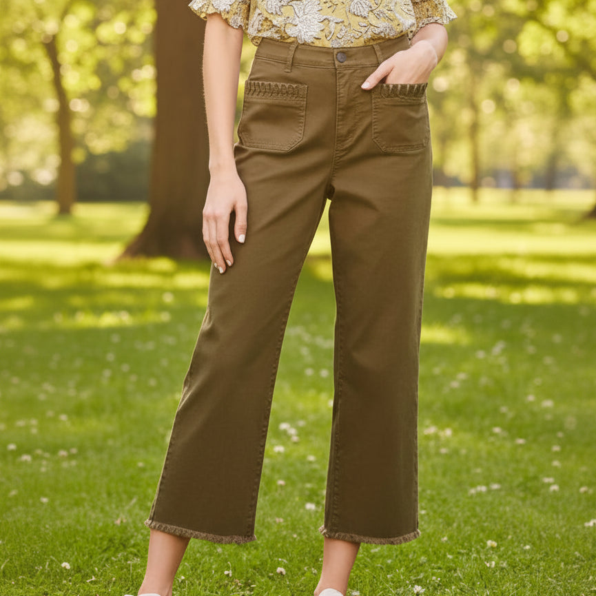 Wide Leg Crop with Pleated Patch Pocket Dark Olive