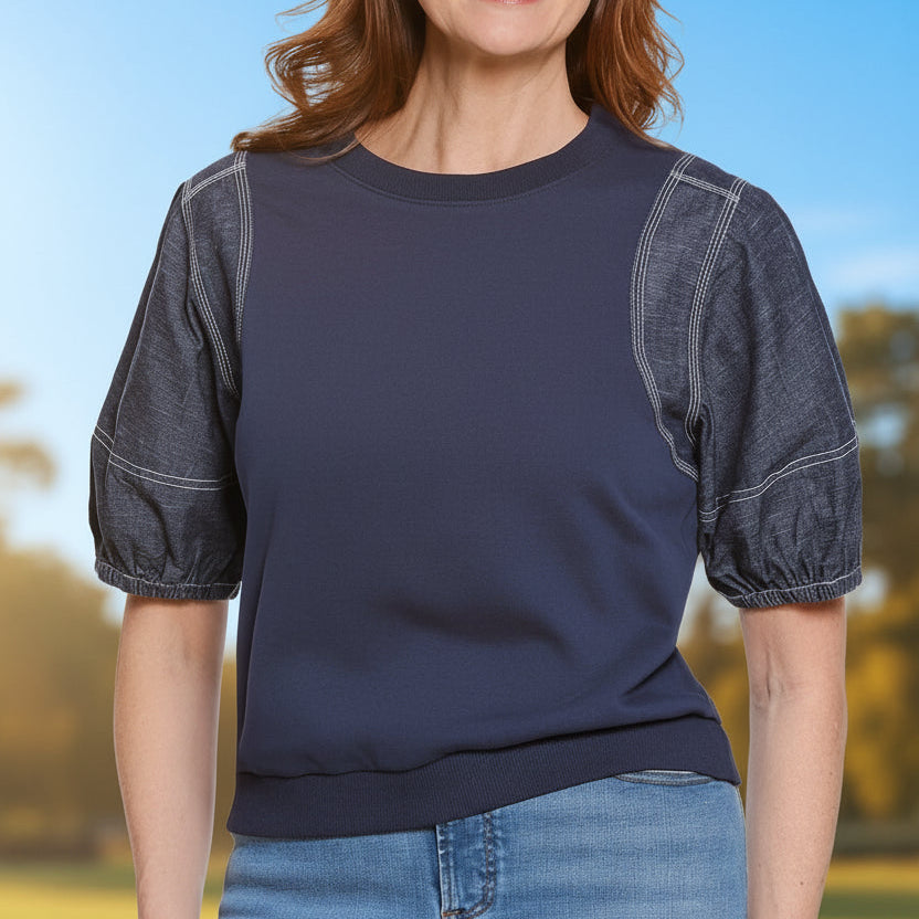 Knit Top with Denim Sleeves