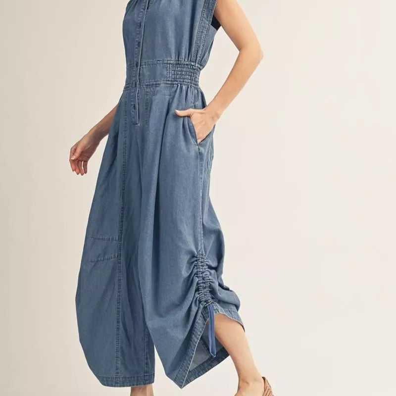 Short Drop Shoulder Wide Leg Washed Denim Jumpsuit