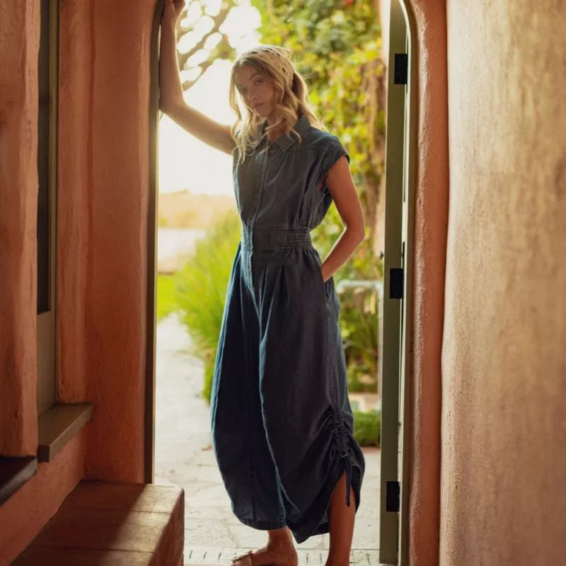 Short Drop Shoulder Wide Leg Washed Denim Jumpsuit