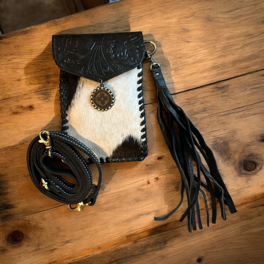 Tooled Cowhide Phone Crossbody Black